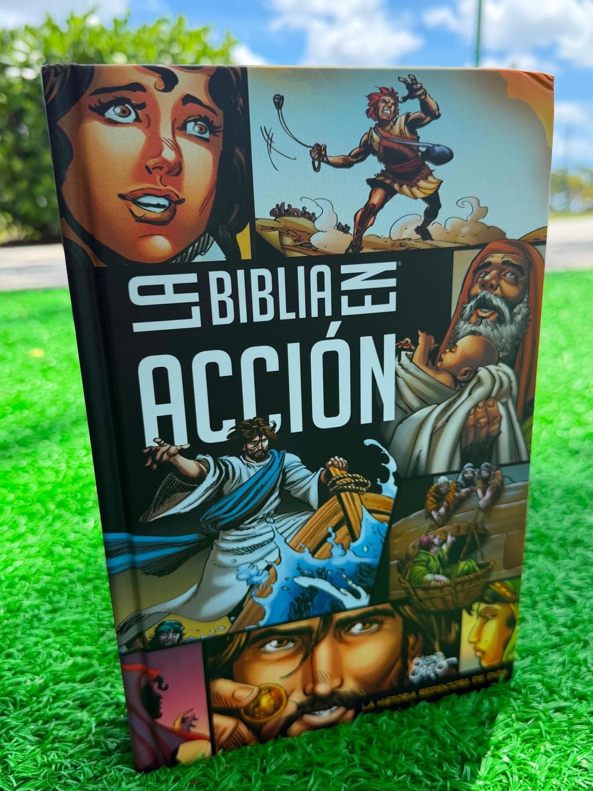 Portada ilustrada de La Biblia en Acción sobre césped