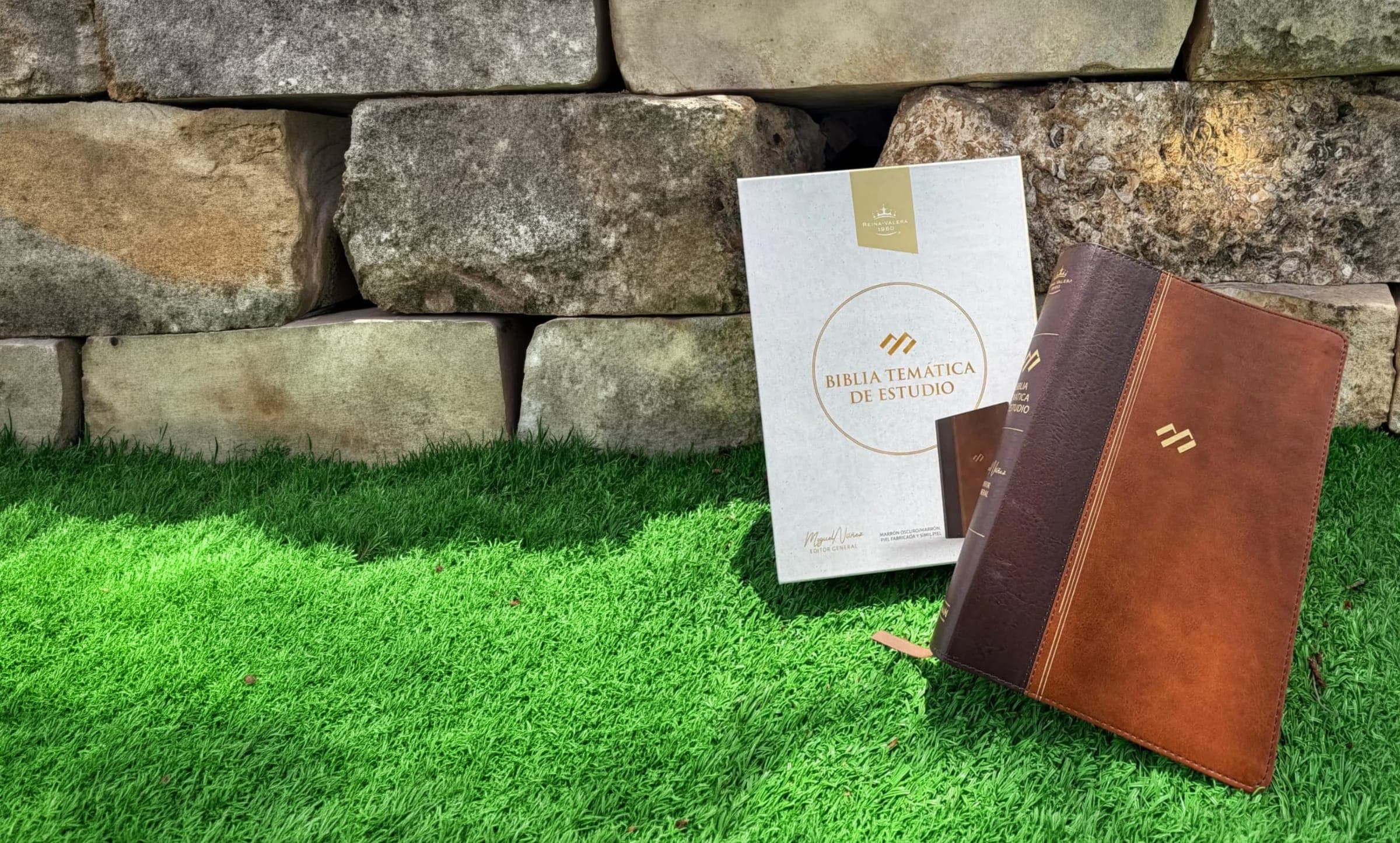 Biblia Temática de Estudio junto a su estuche, sobre el césped al pie de un muro de piedra