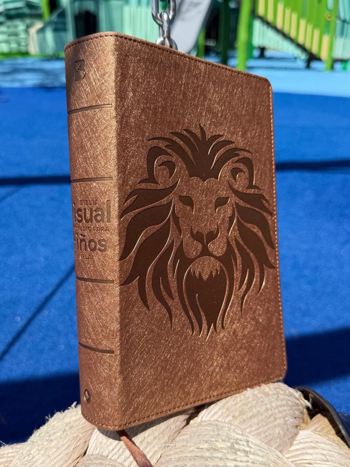 Biblia Visual de Estudio para Niños con cubierta marrón y un león en relieve